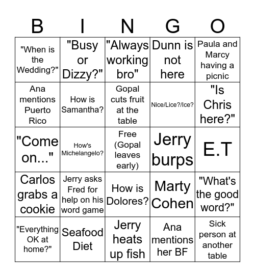 Bel Fuse Lunch Bingo Card