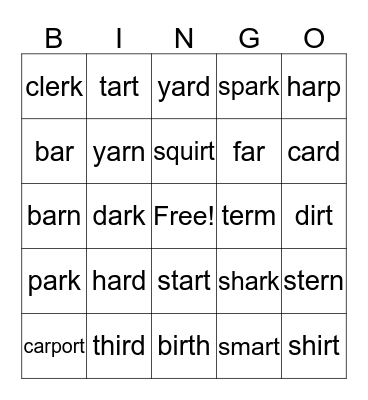 R-Controlled Vowels Bingo Card