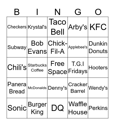 Restaurant Road Trip Bingo Card