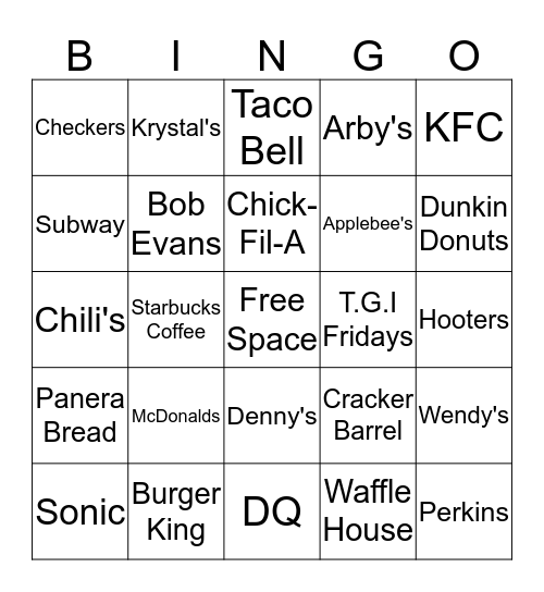 Restaurant Road Trip Bingo Card