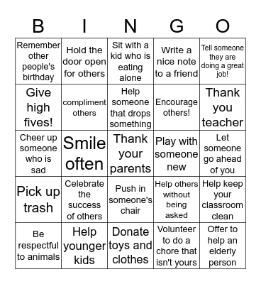 Be Kind-Kindness Counts Bingo Card
