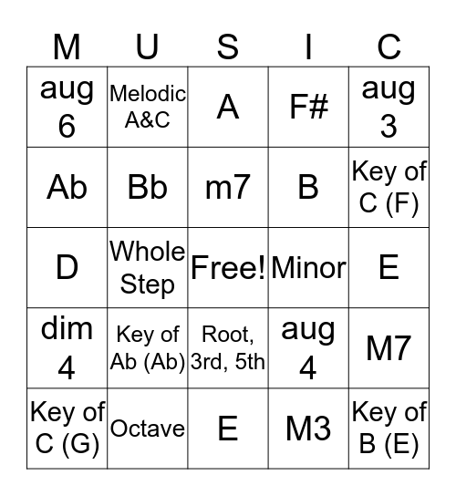 Music Theory Bingo Card