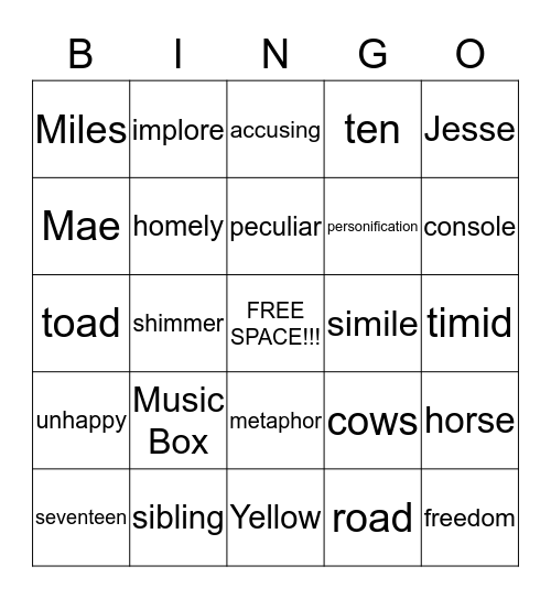 Tuck Everlasting Bingo Card