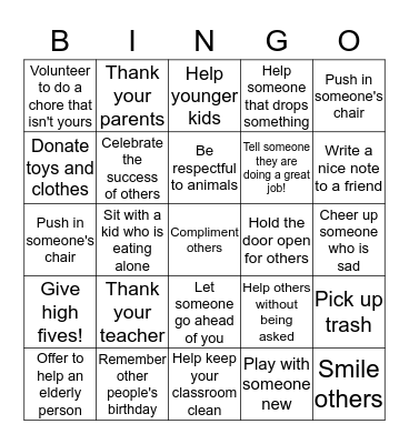 Be Kind- Kindness Counts Bingo Card