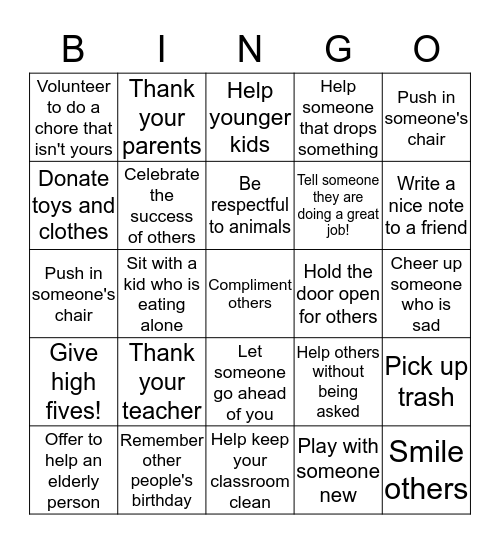 Be Kind- Kindness Counts Bingo Card