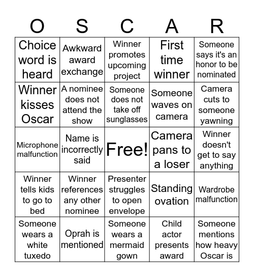 The Academy Awards Oscar Bingo Card