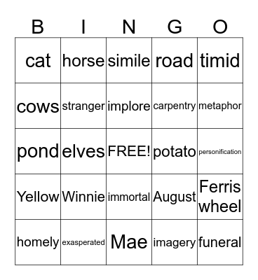 Tuck Everlasting Bingo Card