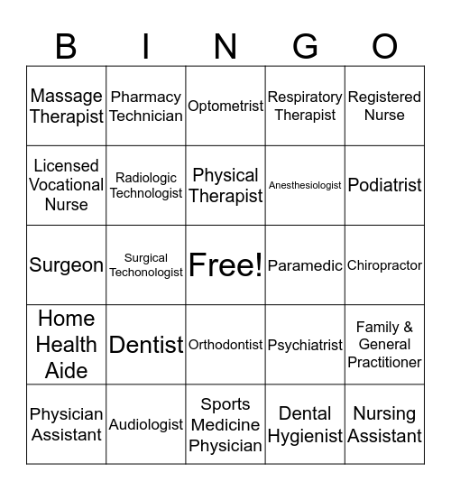 Health Science Career Cluster Bingo Card