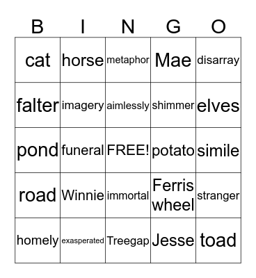 Tuck Everlasting Bingo Card