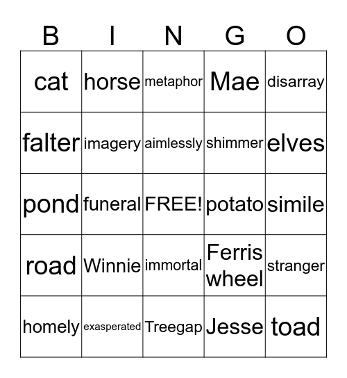 Tuck Everlasting Bingo Card
