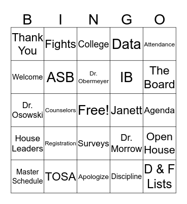 Staff Meeting Bingo Card