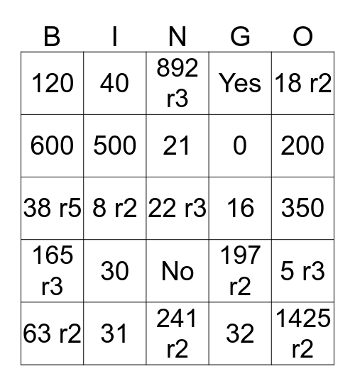 Long Division Bingo Card