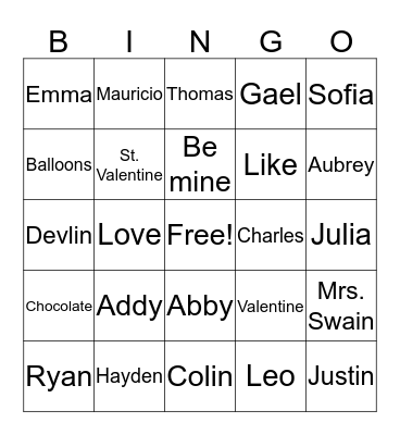 Valentine's Day - Mrs. Jurich's Class Bingo Card