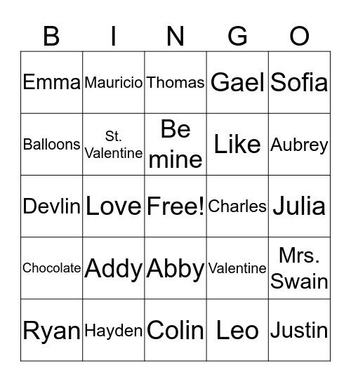 Valentine's Day - Mrs. Jurich's Class Bingo Card