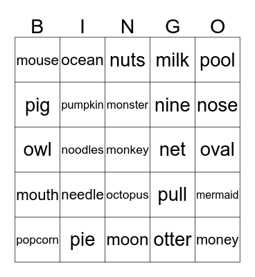 Mm, Nn, Oo, Pp Bingo Card