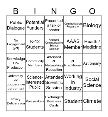 Public Engagement Networking Bingo Card