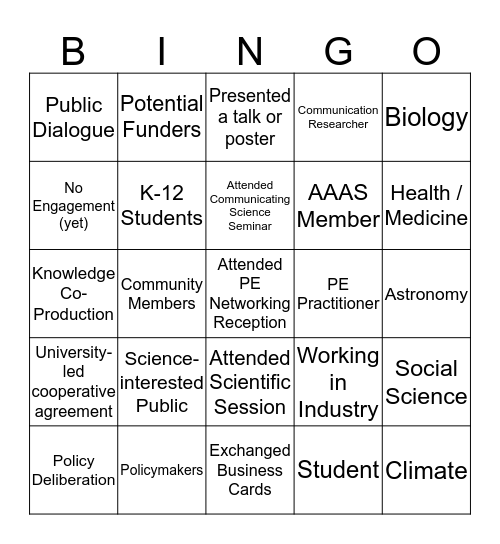 Public Engagement Networking Bingo Card