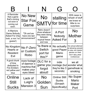 Nintendo Direct Cynical Predictions: Feb 2019 Bingo Card