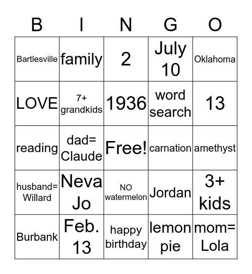 Grandma's Birthday BINGO Card
