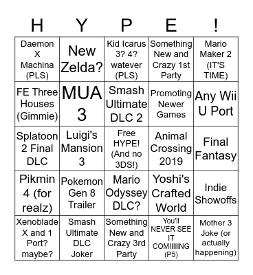 Nintendo Direct Bingo Card