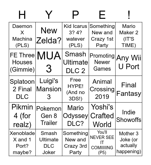 Nintendo Direct Bingo Card