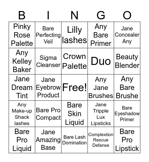 Make-up Bingo  Bingo Card