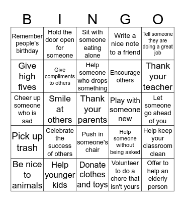 Be Kind- Kindness Counts Bingo Card