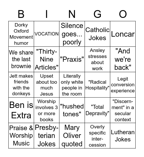 Junior Retreat Bingo Card