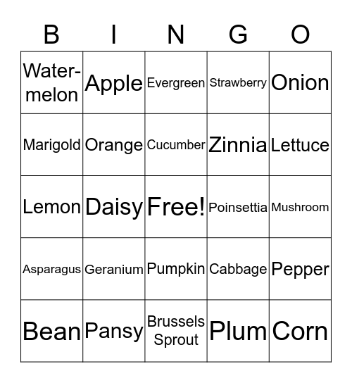 Garden Month Bingo Card