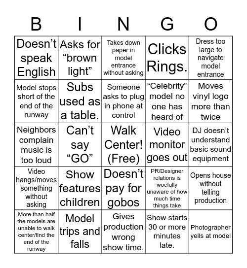 Fashion Week Bingo  Bingo Card