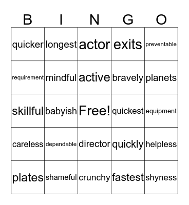 Suffixes Bingo Card