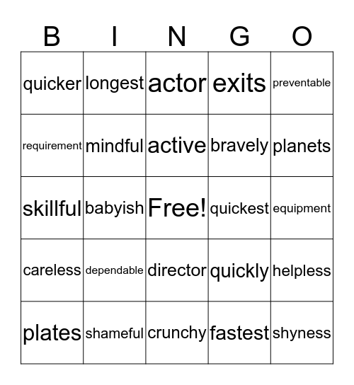 Suffixes Bingo Card