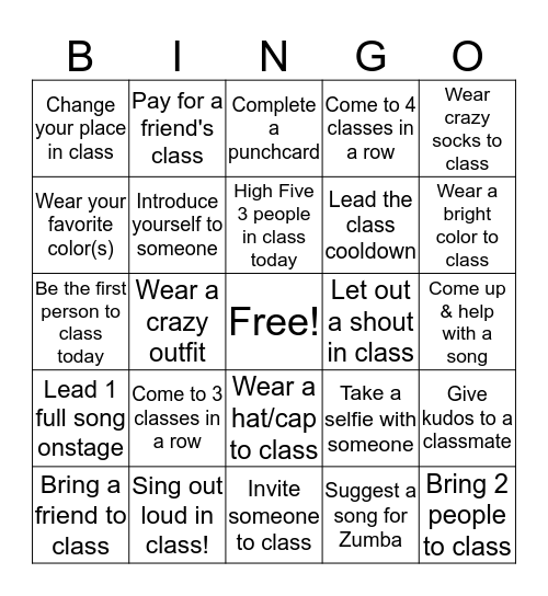 ZUMBA BINGO! Bingo Card
