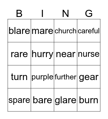 -r controlled vowels Bingo Card