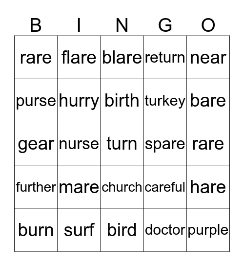 -r controlled vowels Bingo Card