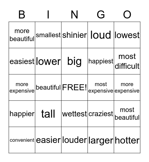 Adjectives - Comparative and Superlative Bingo Card