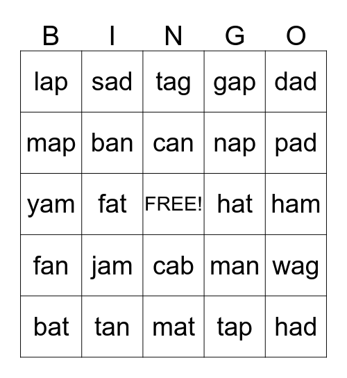 CVC Words-Short a Bingo Card
