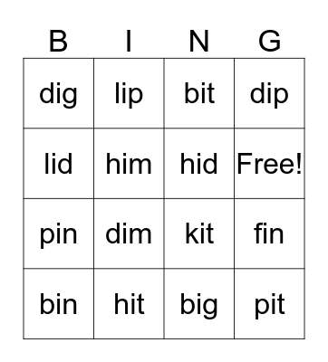 CVC Words-Short i Bingo Card