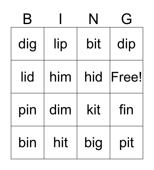 CVC Words-Short i Bingo Card
