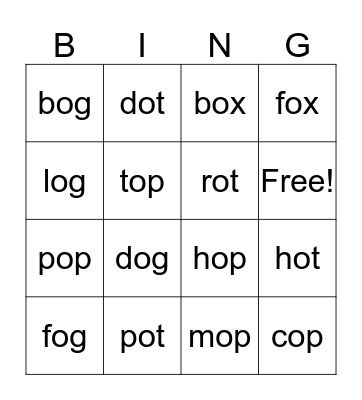 CVC Words-short o Bingo Card