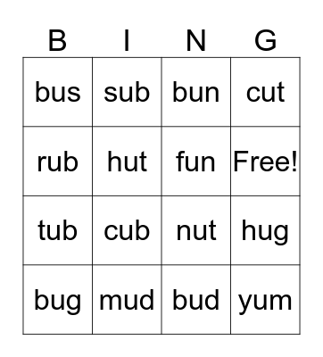 CVC Words-short u Bingo Card