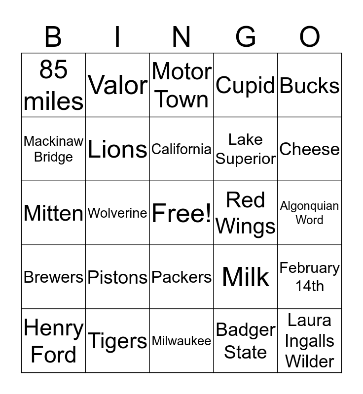 Michigan & Wisconscin Bingo Card