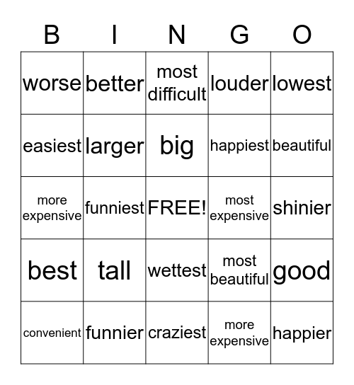 Adjectives - Comparative and Superlative Bingo Card