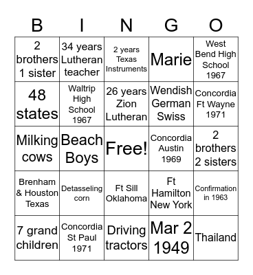 Weldon & Jean's Birthday Bingo Card