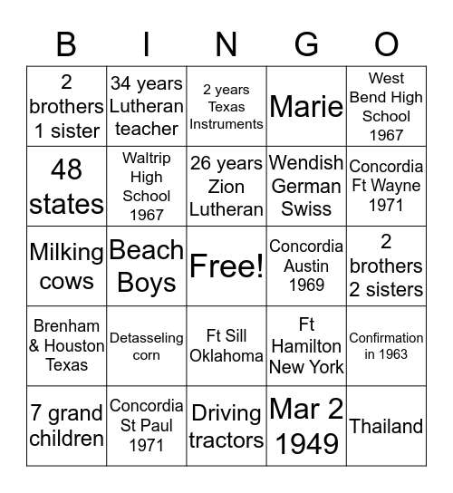 Weldon & Jean's Birthday Bingo Card