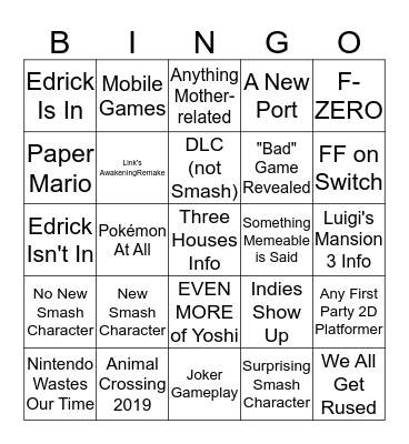 Nintendo Direct 2/13 Bingo Card