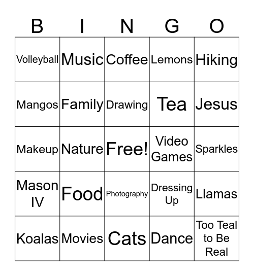 Things We Love <3 Bingo Card