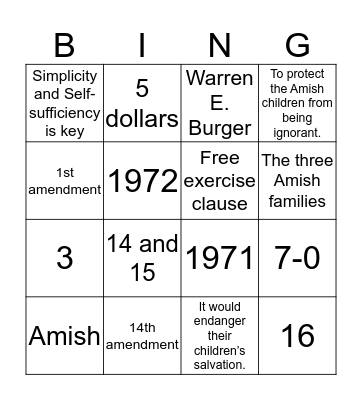 Yoder v. Wisconsin  Bingo Card