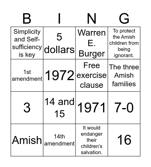 Yoder v. Wisconsin  Bingo Card