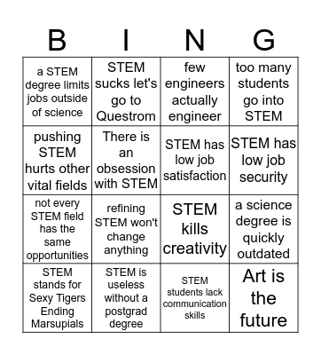 Arguments Against STEM - Mark squares with arguments you agree with - Four in a row? Maybe you should switch majors. Bingo Card